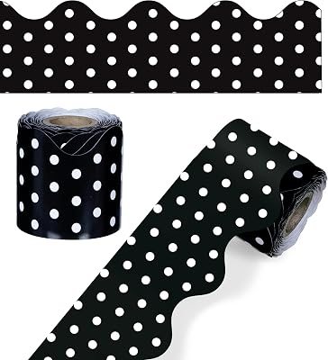 Carson Dellosa 36 Ft Scalloped Black and White Polka Dot Bulletin Board Borders, Classroom Borders for Bulletin Board, White Board, Cork Board, Locker, and Classroom Decor, Bulletin Board Trim