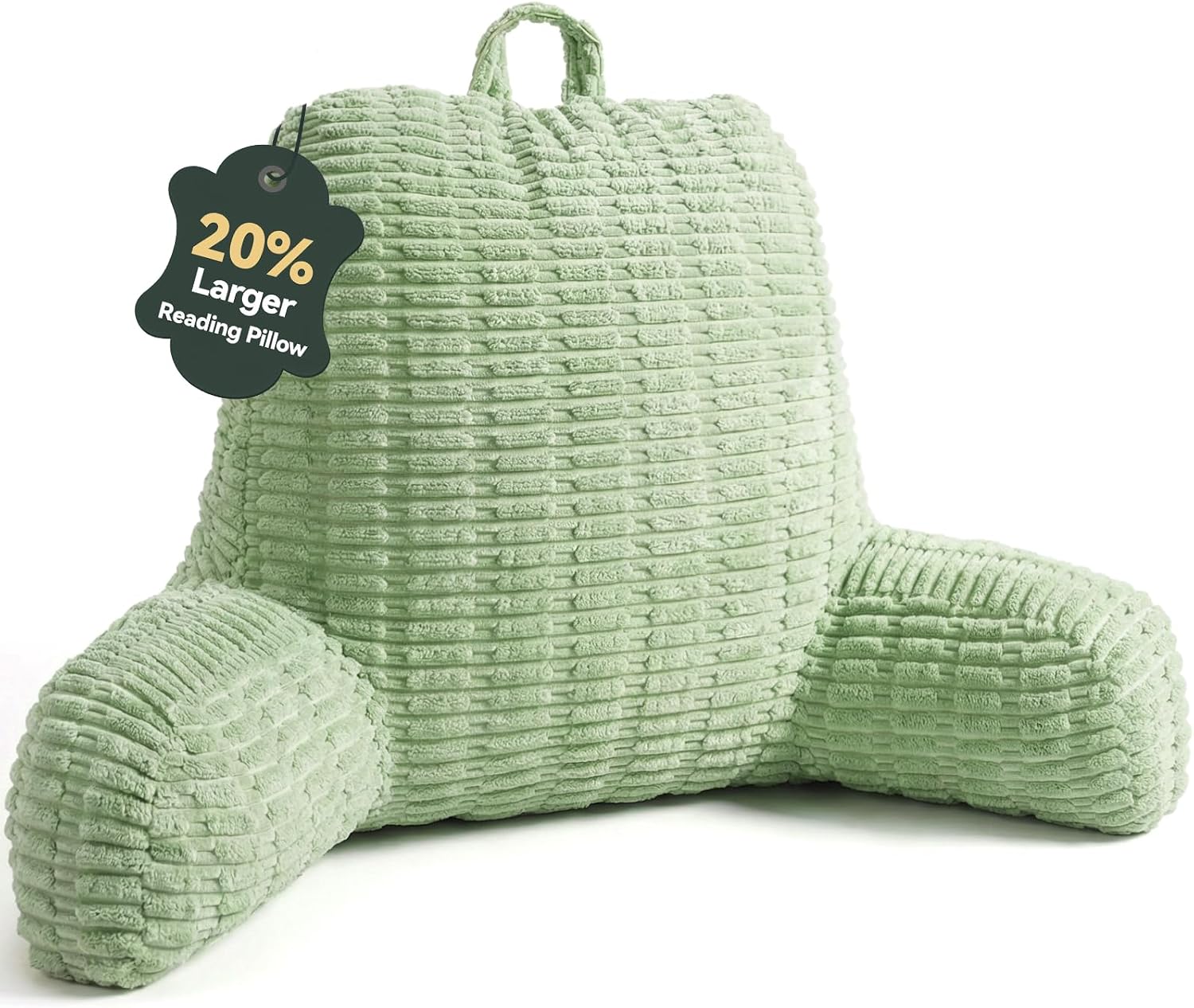 MEREZA Reading Pillow for Bed Adult, Extra Large Back Support Pillow with Arms, Soft Corduroy Cuddle Cushion for Bed Sofa Chair, TV Watching Gaming Relaxing Working Green