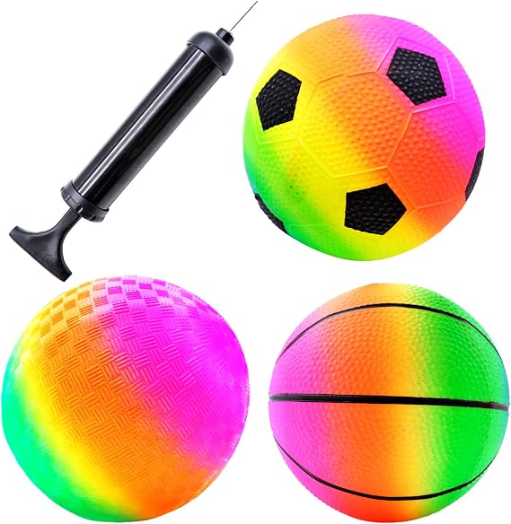 3 Pcs Beach Balls, Rainbow Football Coloured Inflatable Balls for Swimming Pool Beach Theme Party Outdoor Activities, Diameter 15 cm, with Pump