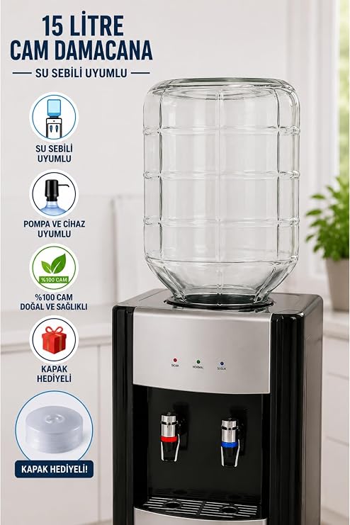 Cam Damacana 15 Litre Sıfır Üründür Su Sebili Uyumlu Pompa Ve Cihaz Uyumlu Kapak Hediyeli