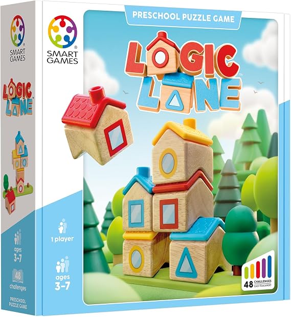 SmartGames Logic Lane, Wooden Stacking STEM Logic Game that Builds Spatial Reasoning & Fine Motor Skills, 48 Challenges, Ages 3-7, Screen
