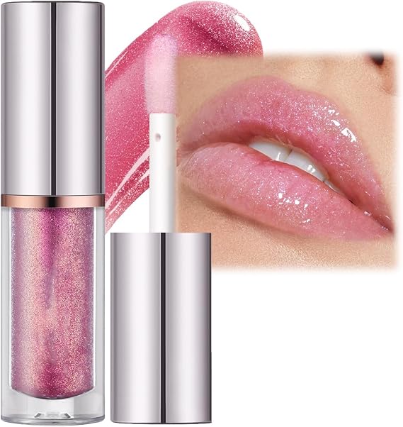 Glitter Lip Gloss, Sparkling Iridescent Lip Gloss Moisturizing Hydrating Shimmer Lip Oil, Long Lasting Glitter Pink Liquid Lipstick Holographic lip Makeup