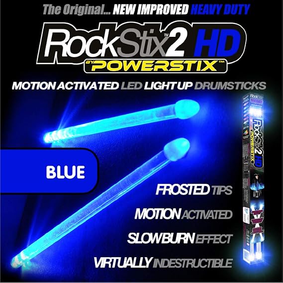 2 HD BLUE, BRIGHT LED LIGHT UP DRUMSTICKS, with fade effect, Set your gig on fire! (BLUE ROCKSTIX)