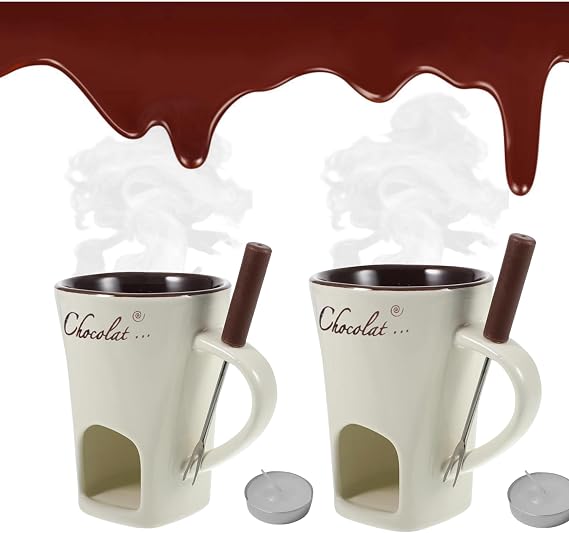 Chocolate Fondue Mug, Chocolate Melting Mug, Fondue Cups, Ceramic Chocolate Fondue Coffee Cup with Forks, Fondue Melting Chocolate Pot Set for Cheese, Chocolate, Caramel (white 2pcs)
