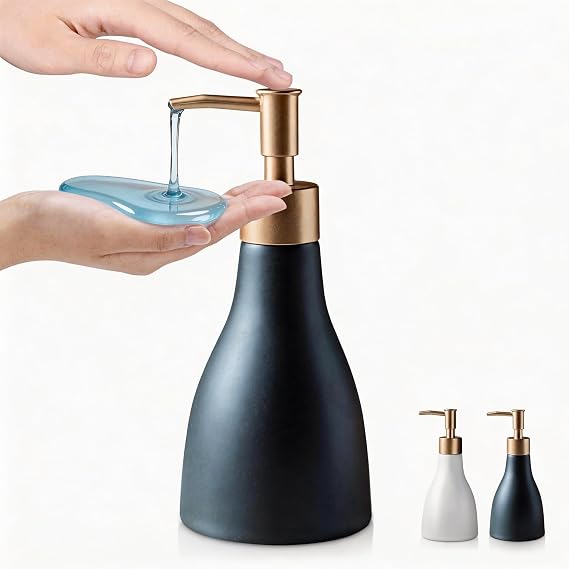 Gold Dispenser Bottle for Bathroom Countertop, Ceramic Black Dish Soap Dispenser for Kitchen Sink Soap Pump Lotion, Modern Hand Soap Dispenser with Gold Pump for Liquid Laundry Shower 280ml