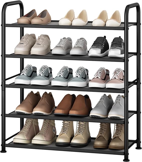 STO STO 5-Tier Shoe Rack with Sturdy Mesh Shelves, Heavy Duty Metal Shoe Organizer for Entryway, Closet, Garage, Front Door, Holds 15 Pairs, Free Standing Shoe Storage Shelf, Adjustable Feet, Black