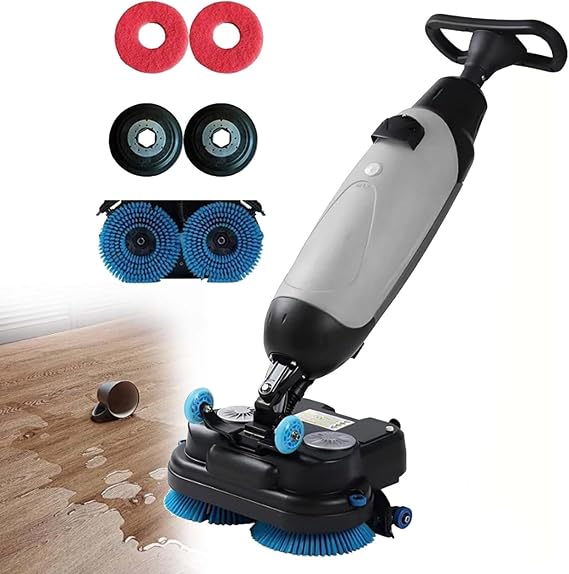 Commercial Electric Floor Scrubber Tile Polisher, Carpet Extractor Power Scrub Brush, 360Rotating, Self-Propelled, Convenient Cordless, Fits Vinyl, Concrete, Luxury Vinyl Floor Grey