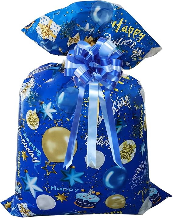 56× 36 Inches Jumbo Gift Bag for Birthday Gifts, Giant Plastic Birthday Gift Bag(Blue Pull Bow)