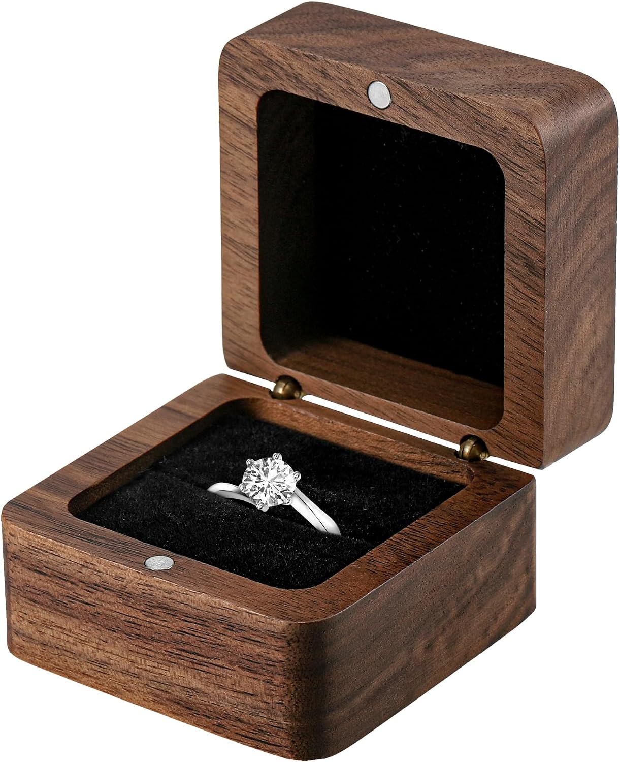 Starvortex Solid Walnut Engagement Ring Box, 5.5x5.5x3.5 cm Wedding Wooden Small Ring Box, Elegant and Retro Personalised Ring Case with Single Slot for Wedding Day Ceremony