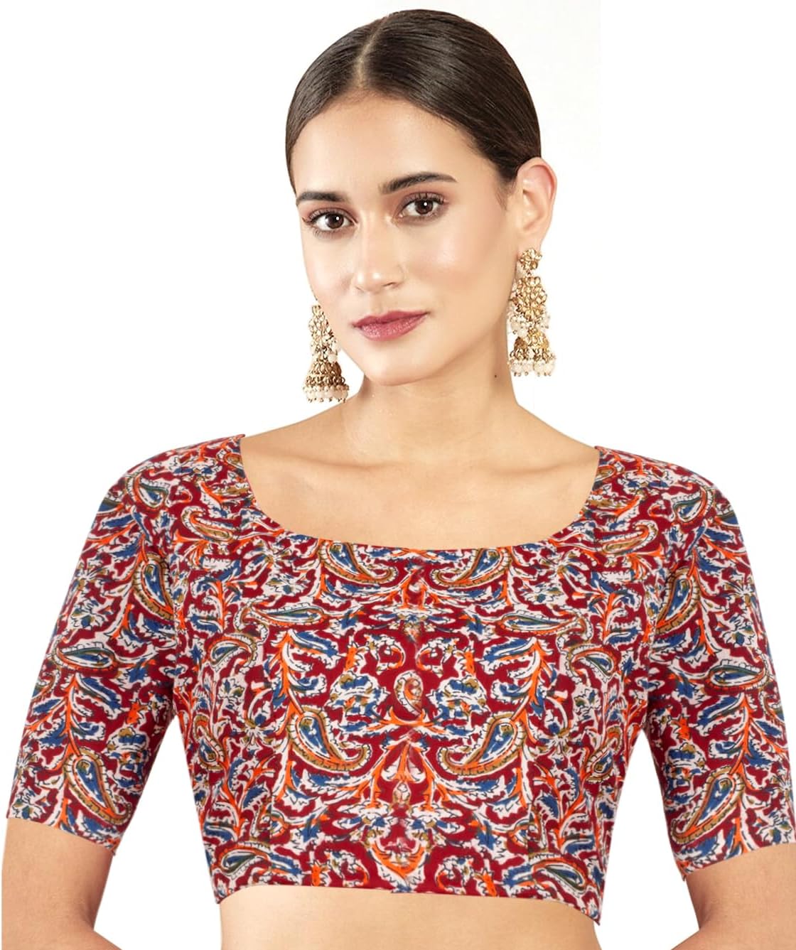 Chandrakala Cotton Printed Blouses for Women Sarees, Elbow Sleeves Ajrakh Print Crop top Choli B223-P