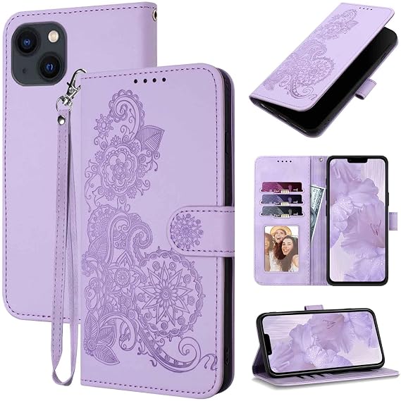 for iPhone 13 Mini Case Wallet Cute Floral Pattern (Purple)