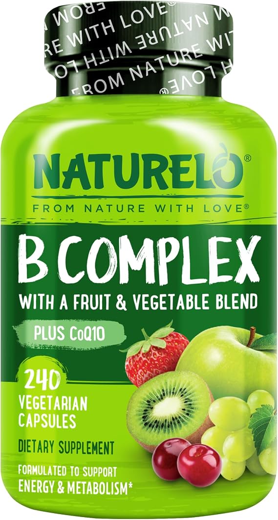 NATURELO Vitamin B Complex, 240 Capsules, Vegan, CoQ10, Methyl Folate