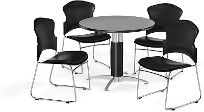 OFM Core Collection Breakroom Set, 36 Round Metal Mesh Base Multi-purpose Table in Gray Nebula, 4 Multi-use Plastic Stack Chairs with Anti-microbialAnti-bacterial Vinyl Seat and Back in Black PKG-BRK-061-0010