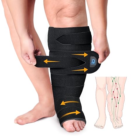 Calf + Foot Lymphedema Compression Wrap Adjustable For Big Swollen Lower Leg and Foot - with 8 Cross Straps‌ (Tall-XL)