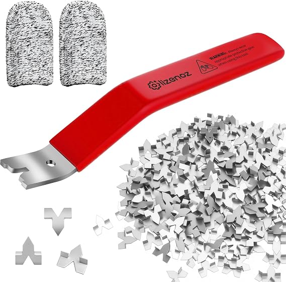 Red Glazier Point Driver Tool with 200 Glazing Points & 2 Finger Cots - for Framing Glass, Pictures, Cross Stitch - Rust-Resistant Iron/Zinc Push Points, Easy-Grip Handle