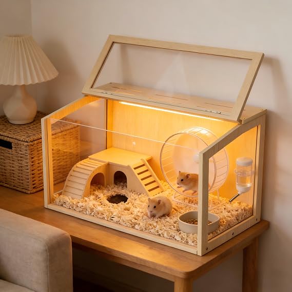 Hamster Cage: 32Inch Wooden Small Animal Cage with Warm Light