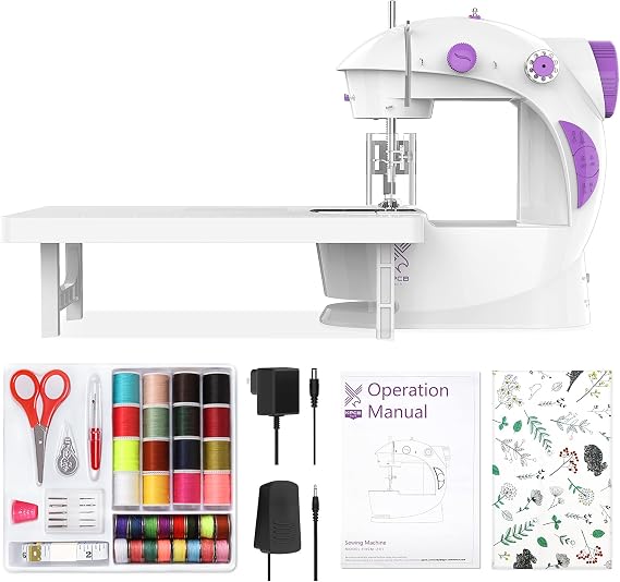 Mini Sewing Machine for Beginners, Electric Sewing Machines with 42PCS Sewing Tools and Extension Table, Gift for Kids | Beginner Sewing Machines, Fabric Bundles & 42PCS Kits, Small & Portable, Dual Speed, Foot Pedal, US Adapter & Extension Table