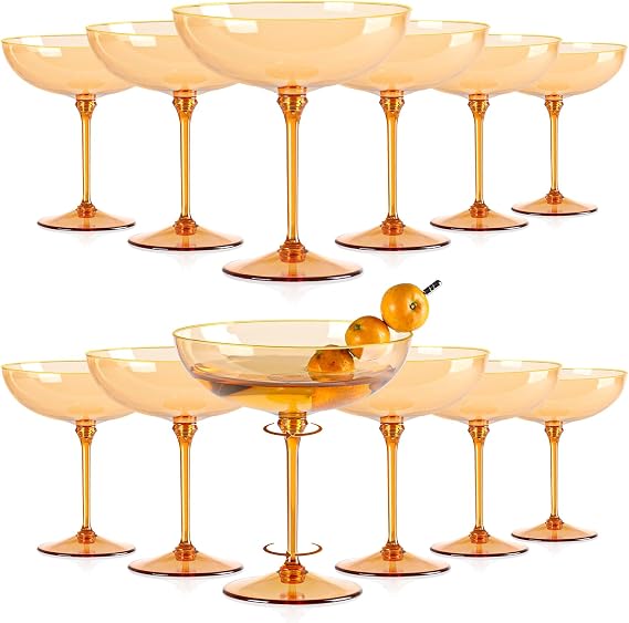 12 PCS Plastic Coupe Glasses 9 oz Amber Detachable Gold Rim Martini Glass Espresso Champagne Cocktail Cups Disposable Vintage Margarita Glassware for Fall Wedding Bridal Shower Party Thanksgiving