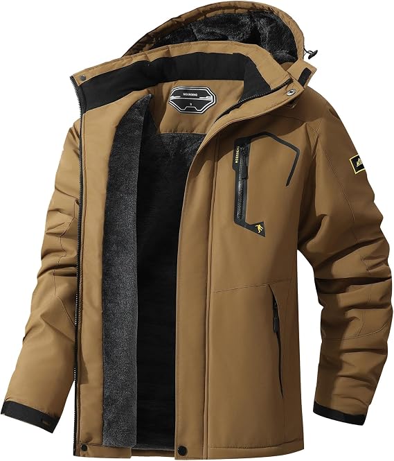 Men's Ski Jacket Winter Coat | Fleece Lining Warm Waterproof Raincoat with Detachable Hooded