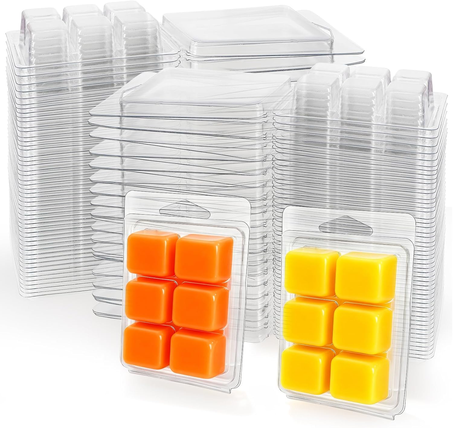 Jucoan 100 Pack Plastic Wax Melt Clamshell Mold, 6 Cavity Square Clear Wax Molds for DIY Wax Melt Candle Soap Craft Gift Home Decor