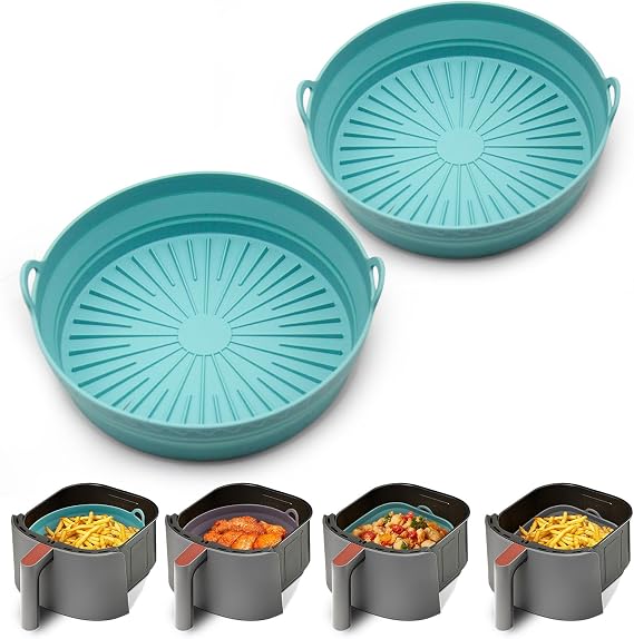 Square Silicone Air Fryer Liners - 8 Inch Reusable Air Fryer Pot,Easy to Clean Pot for 5.8 to 8 Qt Air Fryer Baking Tray Oven Accessories (1p-round-blue)