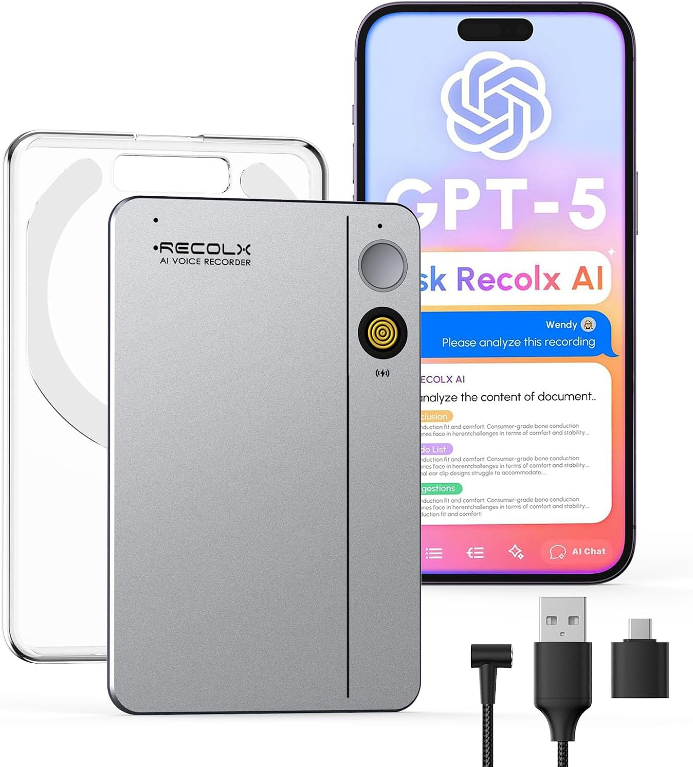 AI Voice Recorder with Case, App Control, ChatGPT-5 Integrated, Record, Transcribe & Summarise Audio with AI Analysis, 71 Templates, 112 Languages, 64GB, for Meetings & Lectures, Grey