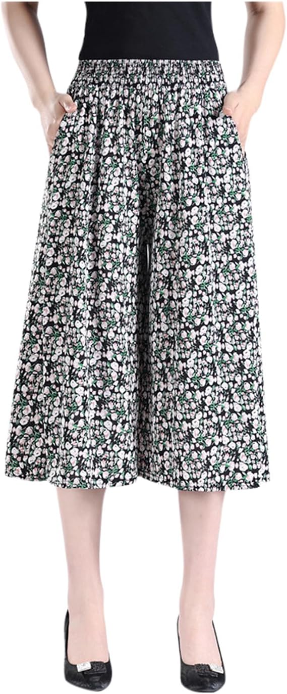 Womens Pleated Chiffon Culottes High Elastic Waist Wide Leg Pants Dressy For Women Knee Length