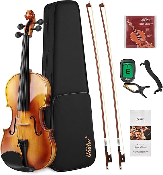 Eastar 4/4 Violin Set Full Size Fiddle Solidwood for Adults with Hard Case, Shoulder Rest, Rosin, Two Bows, Clip-on Tuner and Extra Strings, EVA-330