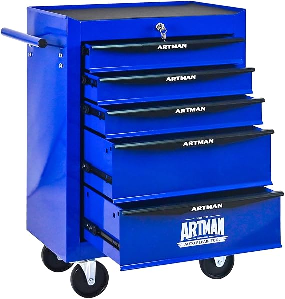 Rolling Metal Tool Chest with 5 Drawers, 20" 5-Drawer Tool Chest Cabinet with Ball Bearing Drawer Slides, Steel Tool Storage Box Organizer -Blue
