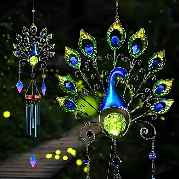 Pearlstar Solar Wind Chimes Outdoor, Gifts for Mom Women, 53.5" Large Metal Peacock Wind Chimes Light with Crackle Glass Ball, Waterproof for Garden Patio Yard Home Decor