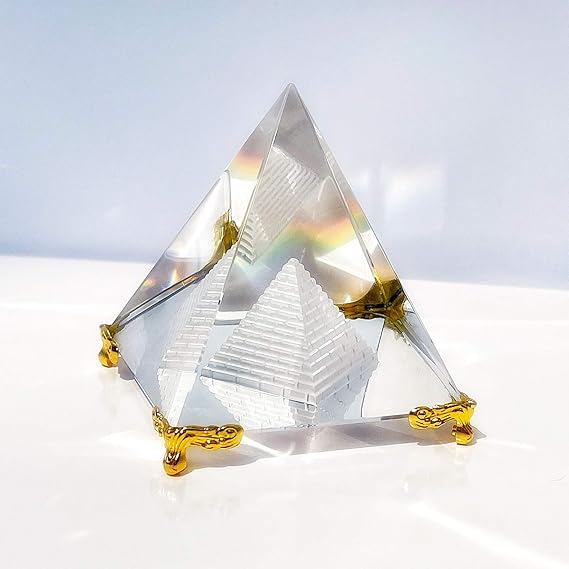 Together-Life Crystal Pyramid Prism, Feng Shui Crafts Meditation Crystal with Gold Stand for Home Office Art Decor, Pyramids Gift, Stand for Prosperity, Positive Energy and Good Luck(6cm)