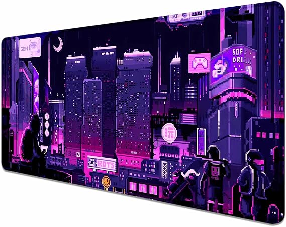 Retro Vaporwave Large Mouse Pad for Desk, Neon Tokyo Street Pixel Art Desk Pad, Purple Japanese Anime Gaming Mouse Pad XXL, Skyline City Desk Mat, 35.4 x 15.7 in