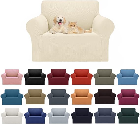 Cupuamon 2026 New Stretch Chair Sofa Slipcovers Couch Cover for 1 Seater Furniture Protector Sofa Covers with Elastic Bottom Jacquard Fabric Small Checks for Pets, Kids - Beige