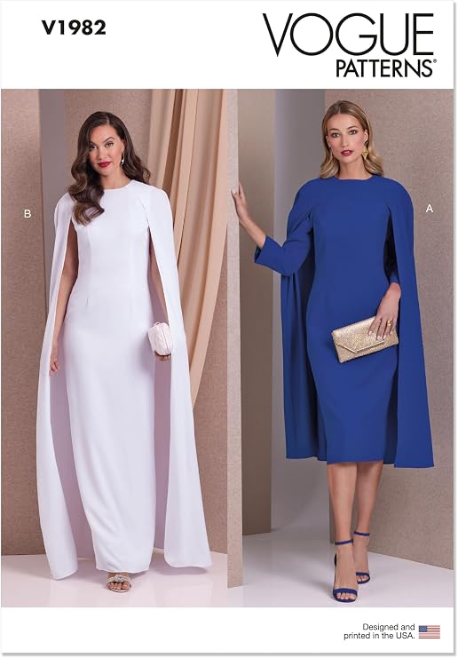 Vogue V1982Y5 Misses' Fitted Cape Dresses Sewing Pattern Packet, Design Code V1982, Sizes 18-20-22-24-26