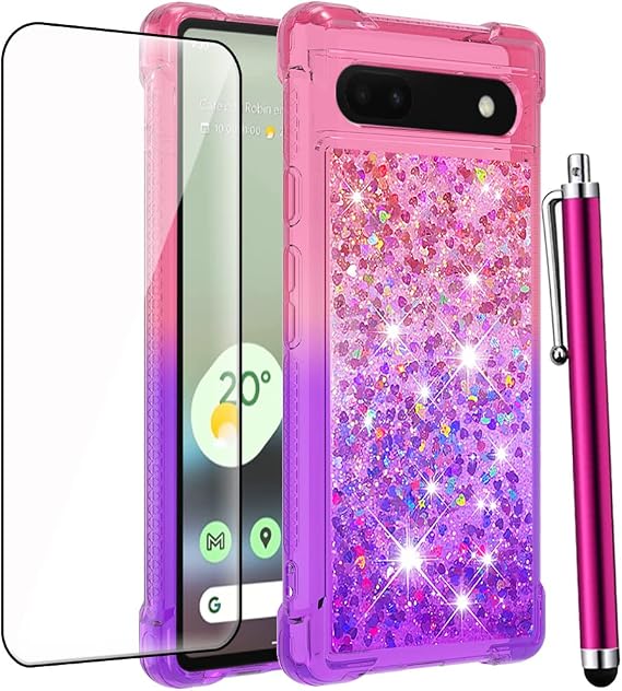 for Pixel 6a Case with Screen Protector, Glitter Purple Pink