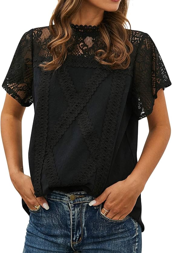 ZXZY Women Cute Lace Blouse Top Short Sleeve Lace Hollow Out Turtle Neck T Shirt