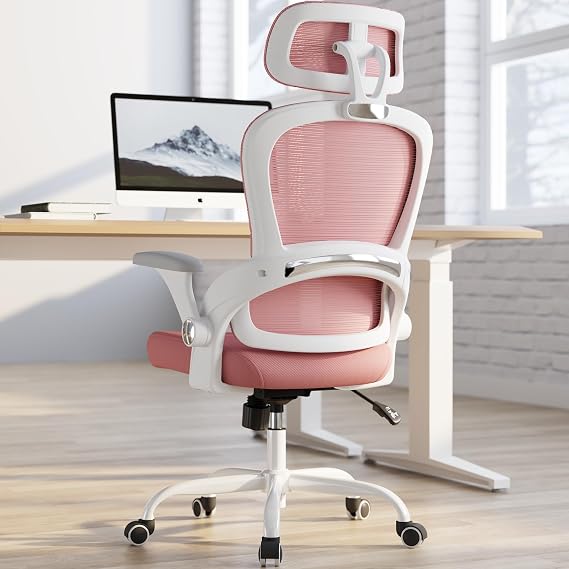 TRALT Office Chair - Ergonomic Office Chair with Back Support - Home Office Desk Chairs - 330lbs Wide Seat Big and Tall Office Chairs with Headrest - Comfy Desk Chairs (White Pink)