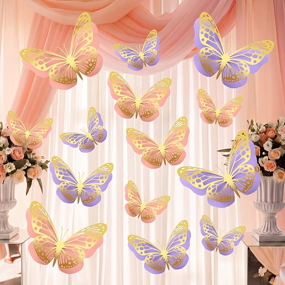20 Pcs 3D Large Butterfly Decorations Stickers, Gold Pink, Gold Purple