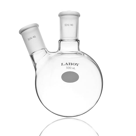 2-Neck Round-Bottom Flask, 500mL, 24/40 & 24/40 Outer Joints | Even heat distribution | Independent center and side access | Angled auxiliary neck | Precision-ground joints
