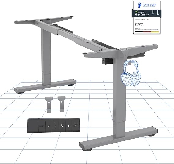 FLEXISPOT CylineE Electric Standing Desk Frame with Round Legs, Height Adjustable Sit-Stand with Memory Control Panel and Anti-Collision System, Grey