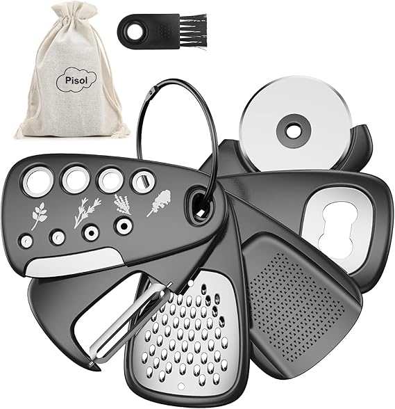 Pisol Kitchen Unique Gadgets Set 6 Pieces, Space Saving, Cheese Grater, Bottle Opener, Fruit Vegetable Peeler, Pizza Cutter, Garlic Ginger Grinder, Herb Stripper Gift Set