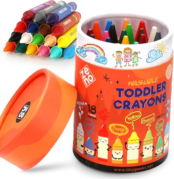 ZENO 18-Color Jumbo Crayons Non-Toxic and Washable for Toddlers (1-3) & Kids (4-8) Easy-to-Hold Large Crayons, Perfect for Travel, Art, and Early Childhood Activities