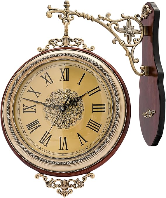 Double-Sided Wall Clock,12in Vintage Wall Clock Wall-Mounted 360-degree Rotation Antique Wall Clock, Train Station Clock for Outdoor Decorative, Art