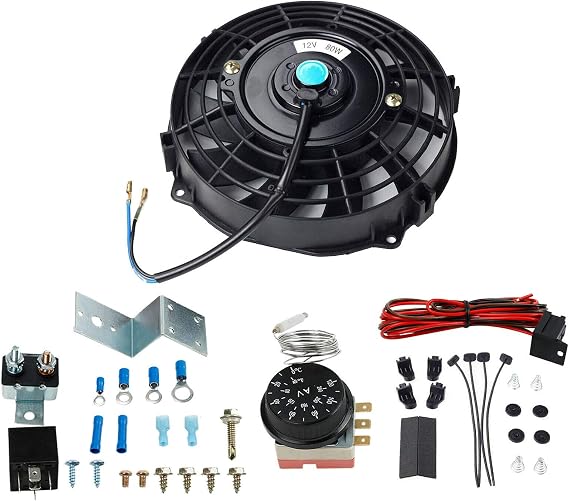 BLACKHORSE-RACING 7" Slim Push Pull 12V Electric Radiator Cooling Fan with Adjustable Electric 12V Radiator Fan Thermostat Control Relay Wire Kit for Car Truck