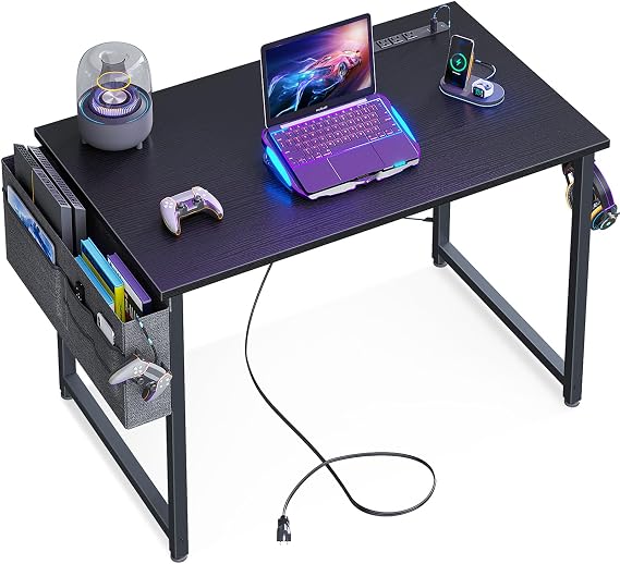 KKL Small Desk with Power Outlets and USB Port Computer Desk for Home Office Gaming Simple Modern Style Writing Desks with Storage Bag Headphone Hook, 32 inch, Black