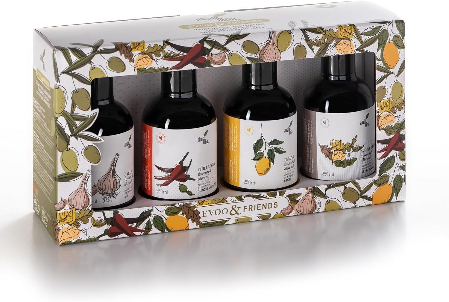 Gift Set 4 x 250ml – Flavored Olive Oil | Intense Flavors: Chili, Truffle, Garlic, and Lemon | Perfect for Foodies