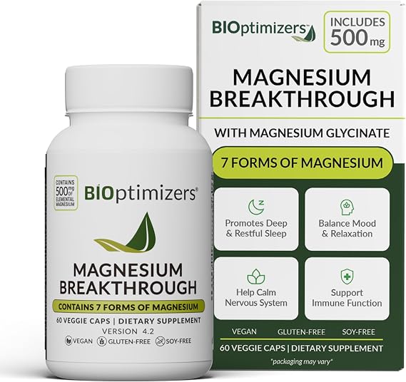 BIOptimizers Magnesium Breakthrough Supplement with 500mg - 7 Forms of Magnesium: Glycinate, Malate, Citrate, and More - Natural Support for Sleep and Cognitive Function -60 Capsules- Calming Vitamins