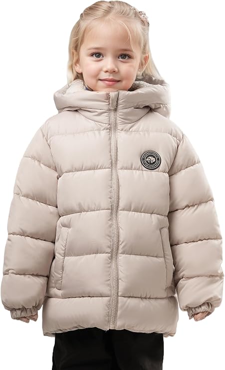 SOLOCOTE Toddler Girls Winter Coat Water Resistant Faux Down Filling Hooded Fleece Lined Little Kids Puffy Jacket