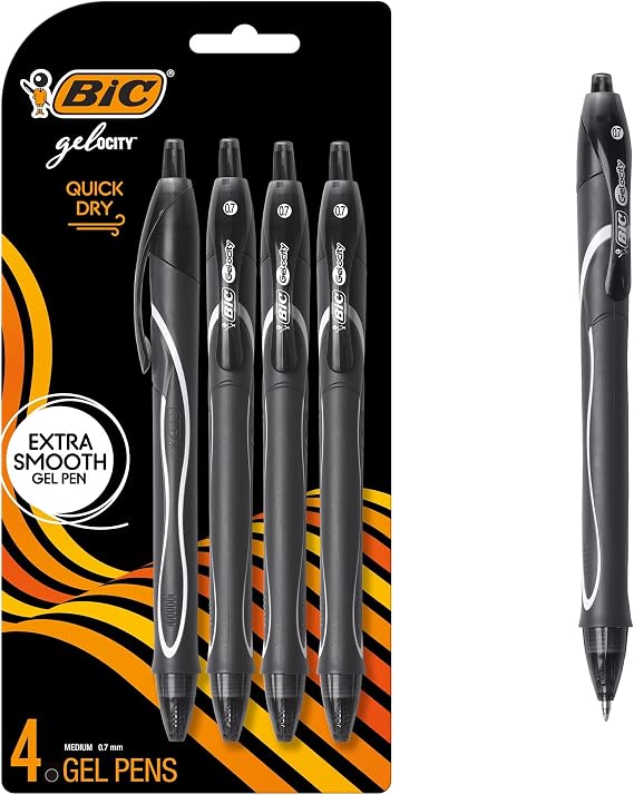 BIC Gelocity Quick Dry Black Gel Pens, Medium Point, 0.7mm, 4-Count