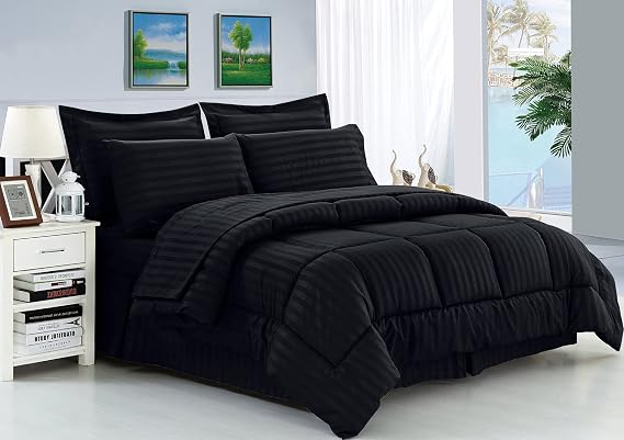 Elegance Linen 21RW-KING-8PC Stripe Comforter-Black Wrinkle Resistant - Luxury Silky Soft Dobby Stripe Bed-in-a-Bag 8-Piece Comforter Set - King Black